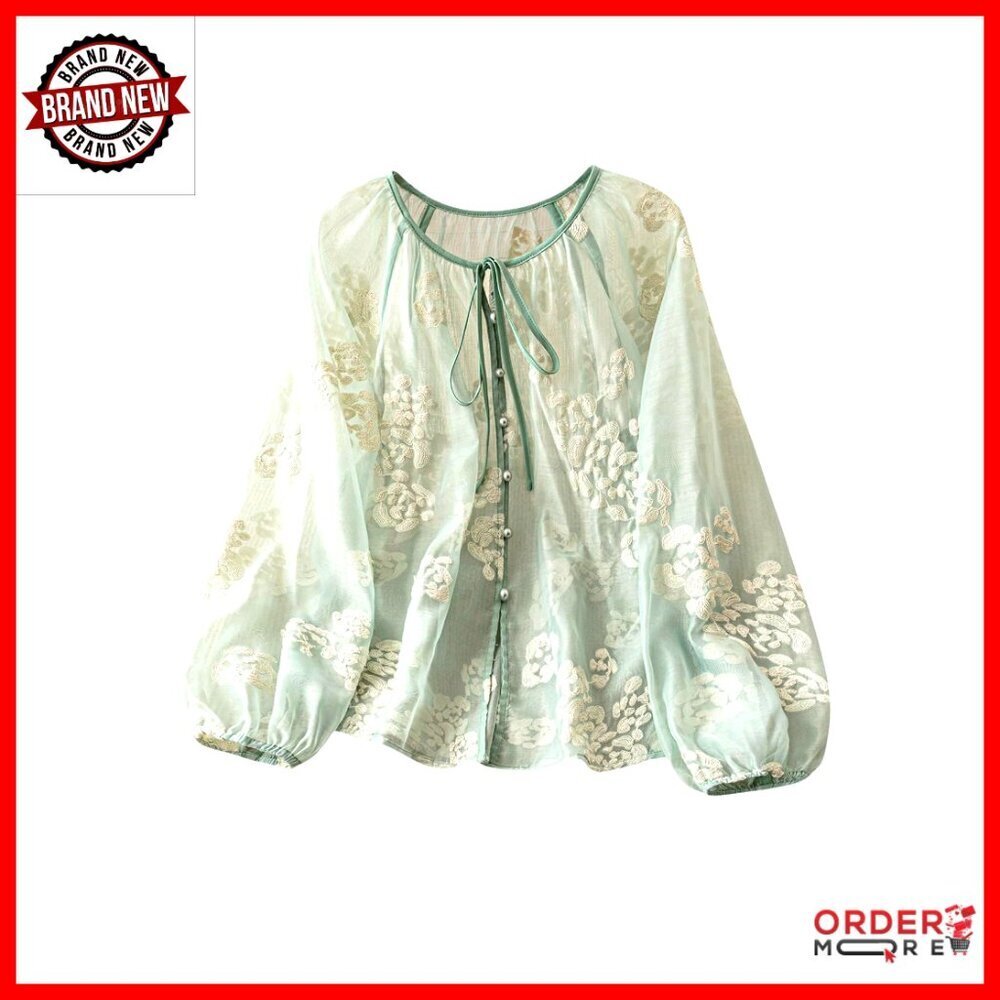 Women's Floral Embroidered Peasant Blouse Long Sleeve Tie Front